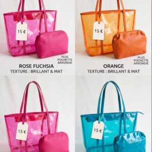 Sac cabas transparent pour femme avec pochette assortie, disponible en rose fuchsia, orange et bleu turquoise.