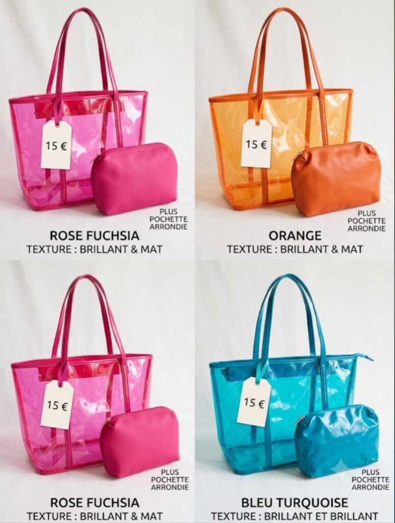 Sac cabas transparent pour femme avec pochette assortie, disponible en rose fuchsia, orange et bleu turquoise.