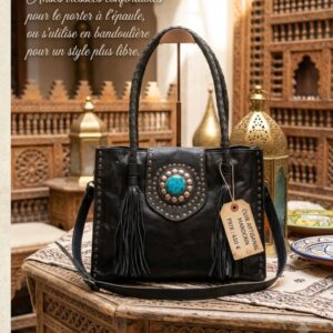 Sac à main artisanal marocain en cuir véritable noir avec anses tressées et pierre turquoise – Houria Boutique France
