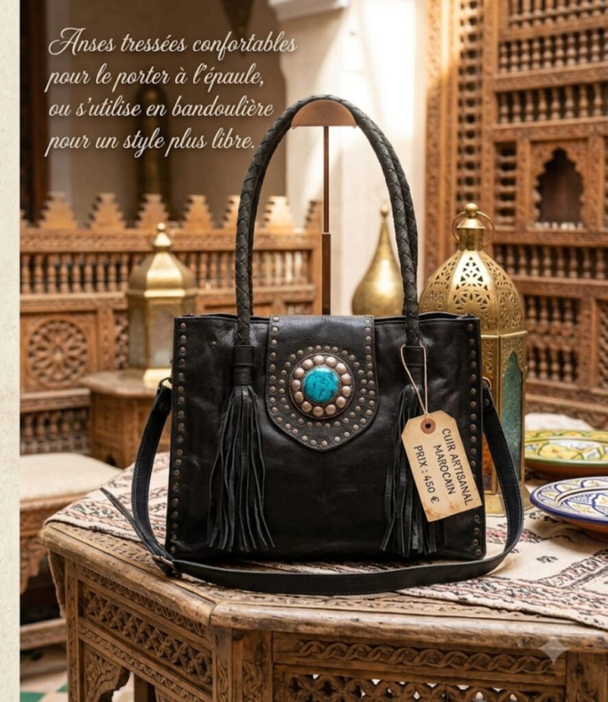 Sac à main artisanal marocain en cuir véritable noir avec anses tressées et pierre turquoise – Houria Boutique France
