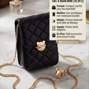 Sac à main mini noir matelassé pour femme avec chaîne dorée et fermoir métallique élégant.