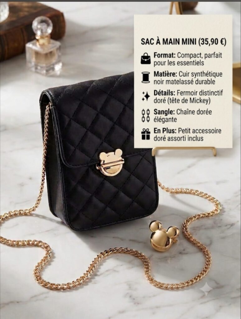 Sac à main mini noir matelassé pour femme avec chaîne dorée et fermoir métallique élégant.
